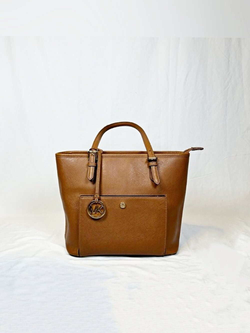 Michael Kors Acorn Brown Saffiano Leather Medium Zip Top Jet Set Tote